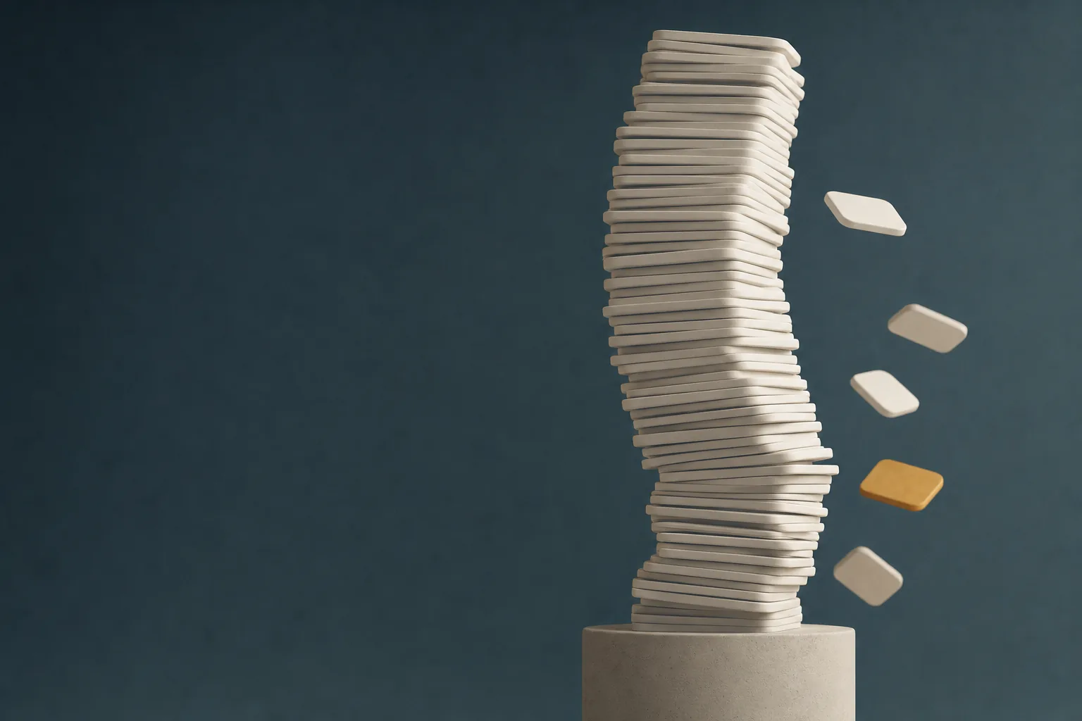 A tall stack of thin off-white tiles on a stone pedestal, bowing under its own weight, with several tiles falling away from the top.