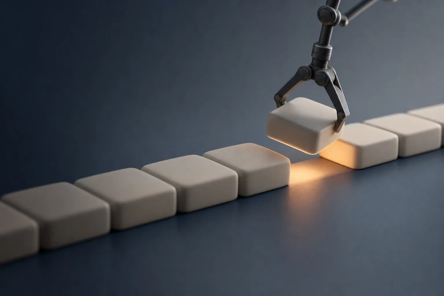 A row of pale rounded blocks on a dark slate surface, with a robotic arm lifting one block out of the line while an amber light glows beneath it.