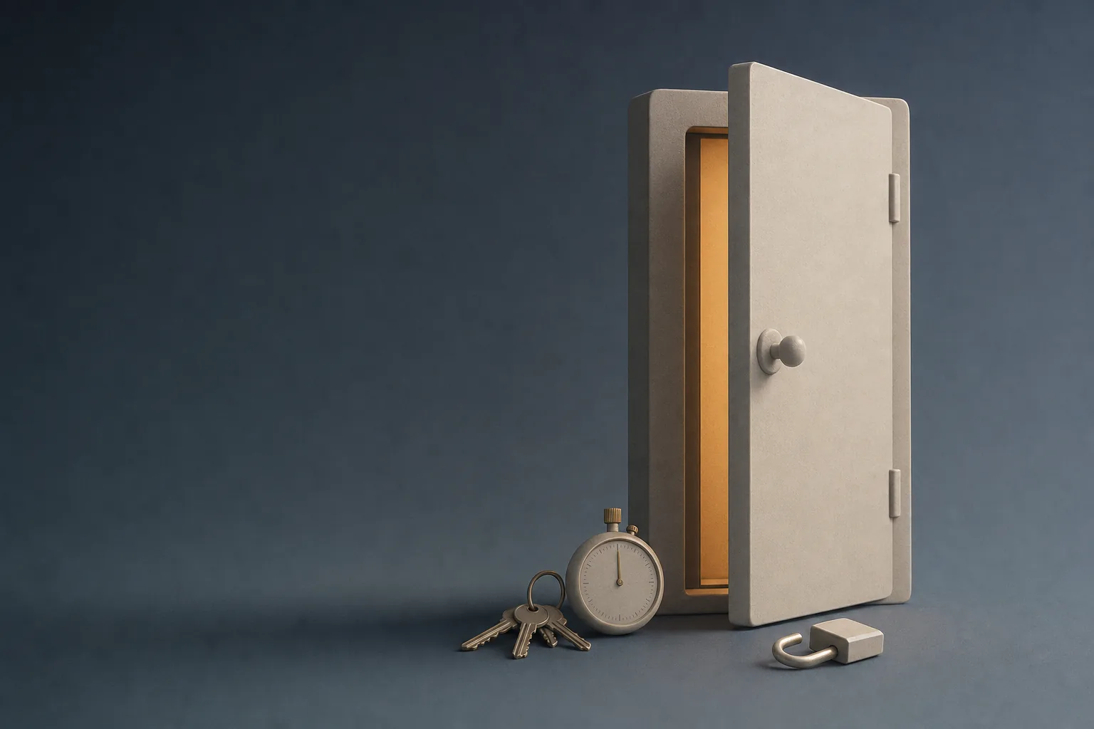 A matte 3D door standing ajar in an empty space with a ring of keys, a stopwatch and an open padlock on the floor beside it.