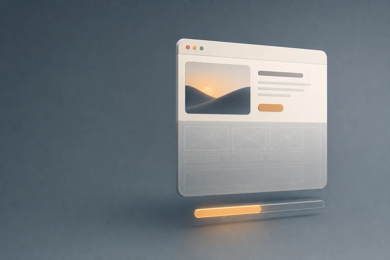 A browser window with only its upper half rendered, the lower half still faint wireframe outlines, above a partially filled loading bar