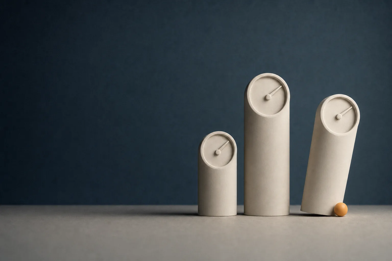 Three pale cylindrical gauges of different heights on a grey plane against a deep blue background, the tallest on the right tilting off balance with a small amber ball at its base.