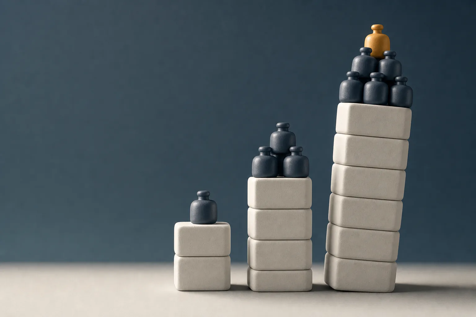 Three stacks of pale blocks of increasing height, each topped with small dark weights, one weight in amber, against a deep slate blue background.