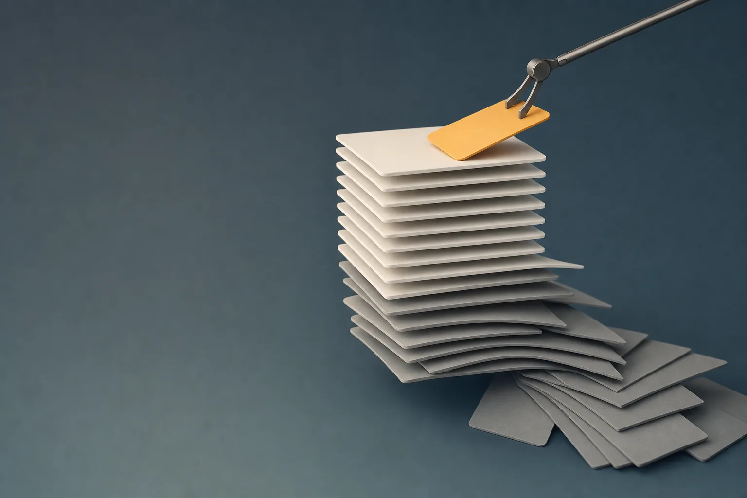 A stack of pale cards on a slate background, its lower layers multiplying into a spill of grey duplicates while a robotic arm lifts one amber card out