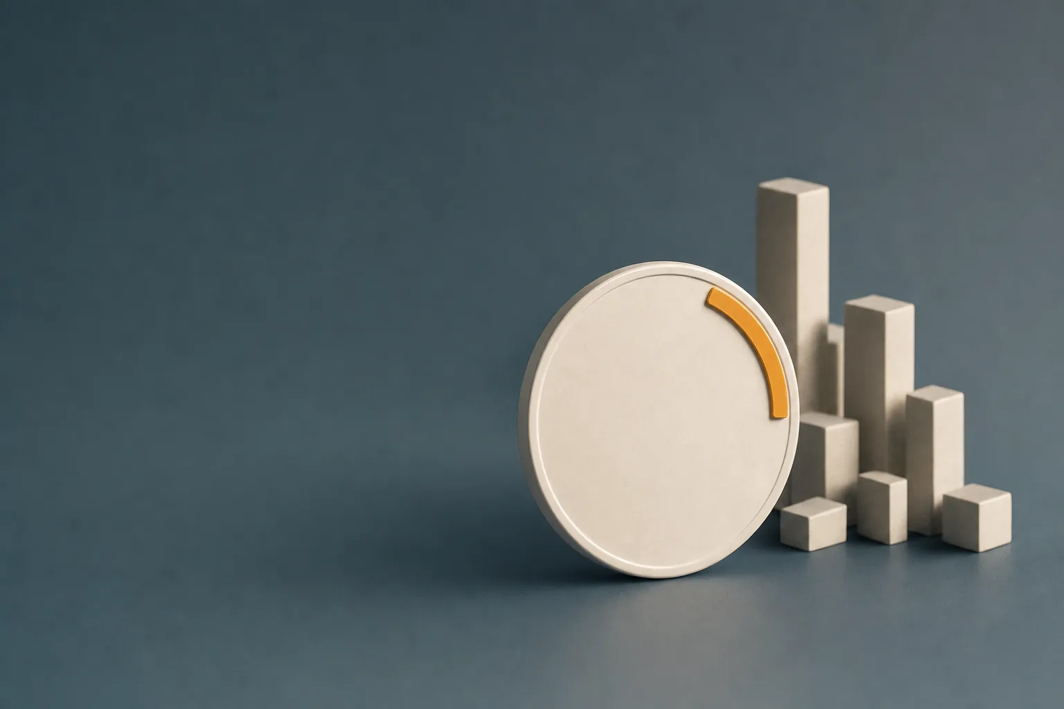 A blank circular dial standing in front of a cluster of uneven blocks casting long shadows