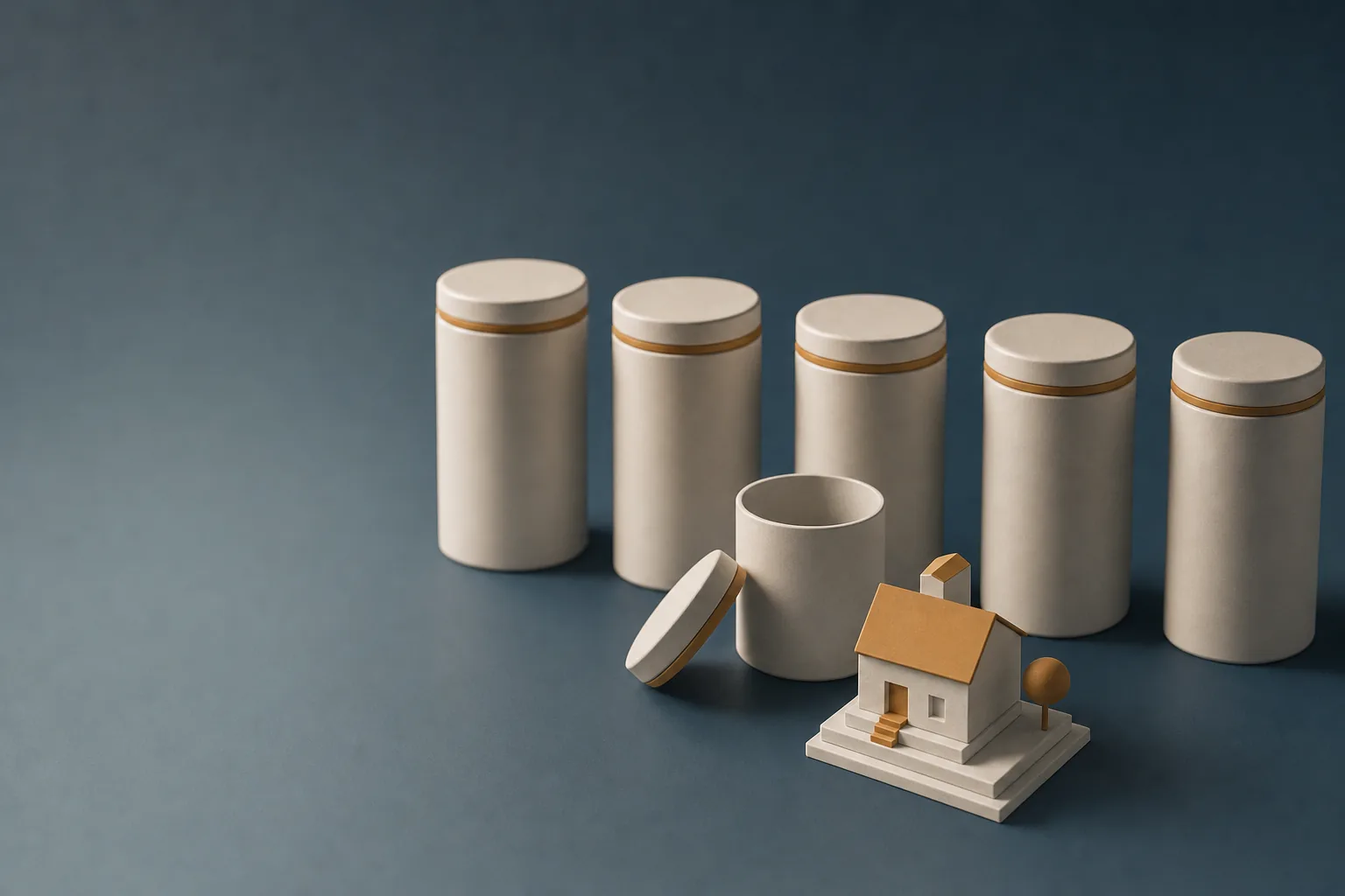 Five sealed storage canisters in a row, with a sixth opened and a small model house assembled beside it.