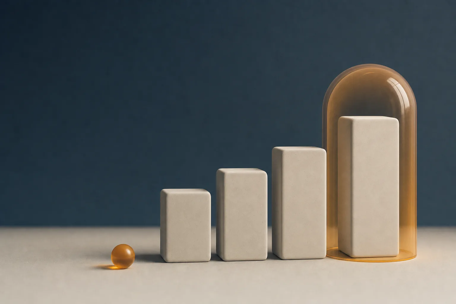 Four off-white blocks of increasing height on a pale surface against a slate blue background, with an amber glass dome covering the tallest block and a small amber sphere resting apart from the group.