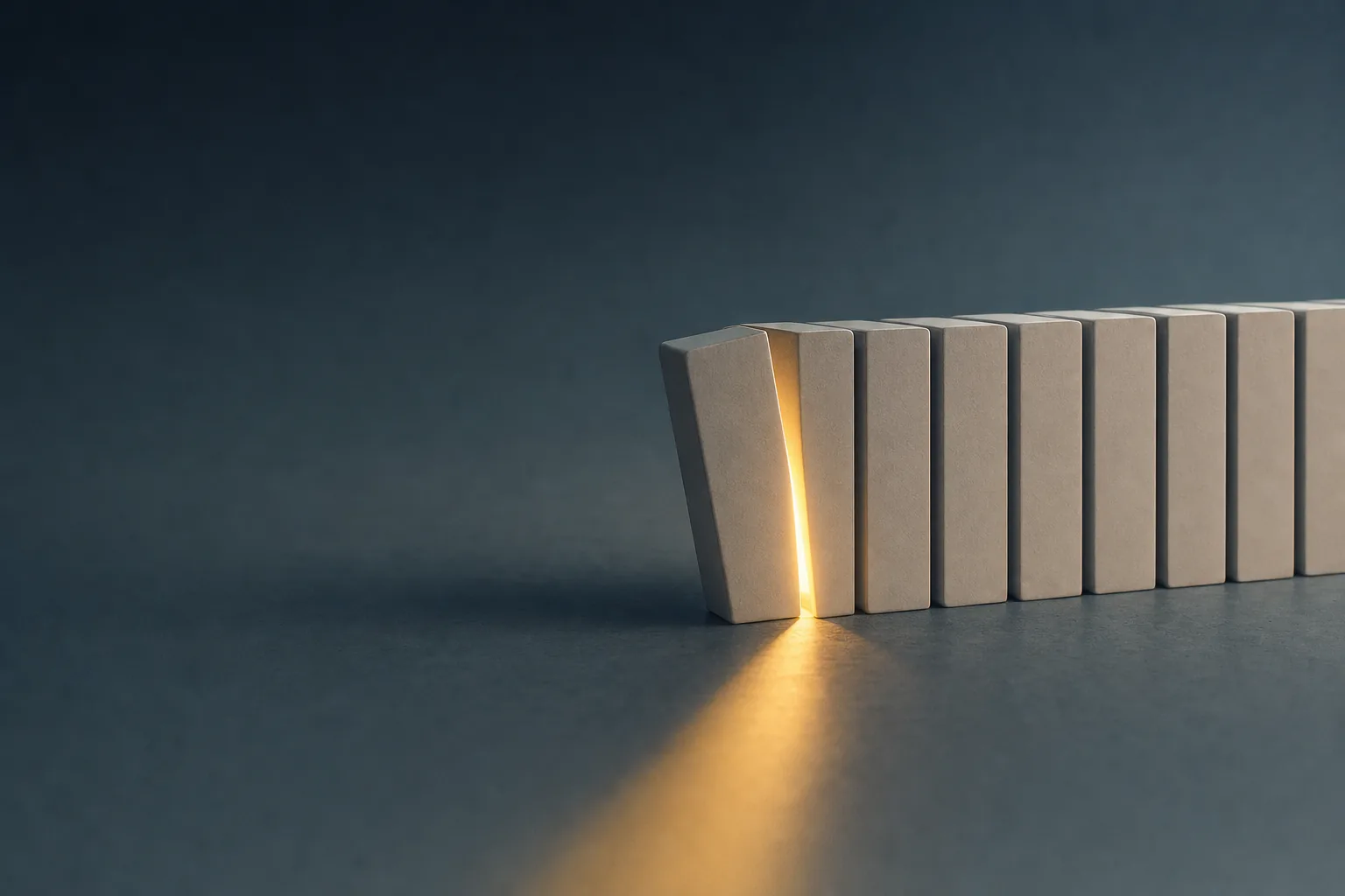 A row of upright pale blocks with one block tipped open, letting a narrow shaft of amber light through the single gap.